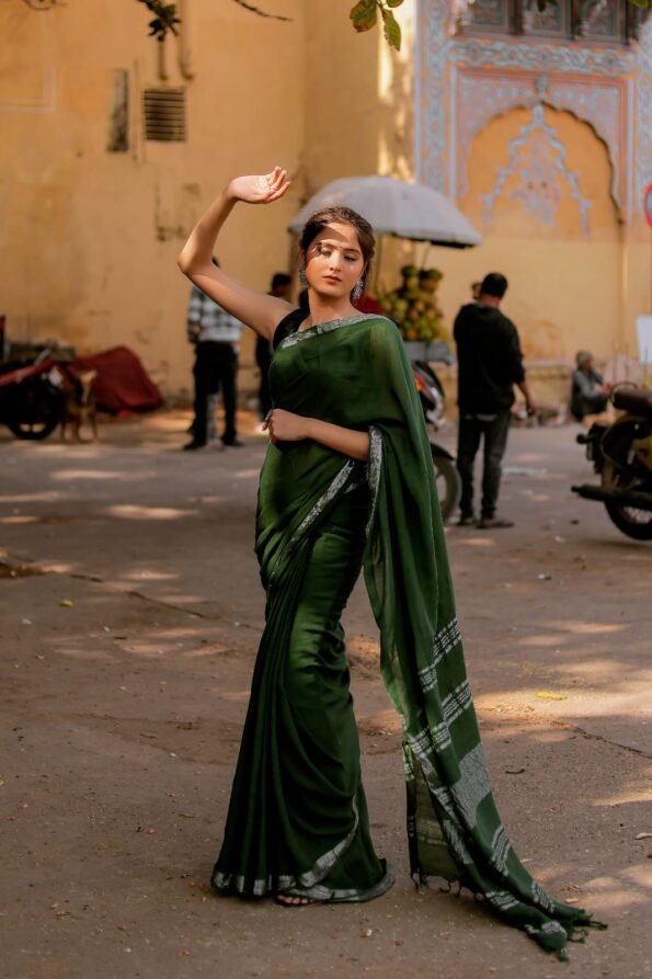 green linen saree